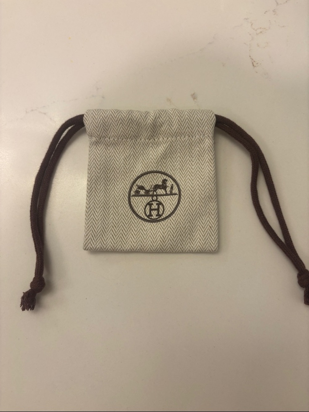 Hermès Beige Herringbone Drawstring Pouch with Brown Cords